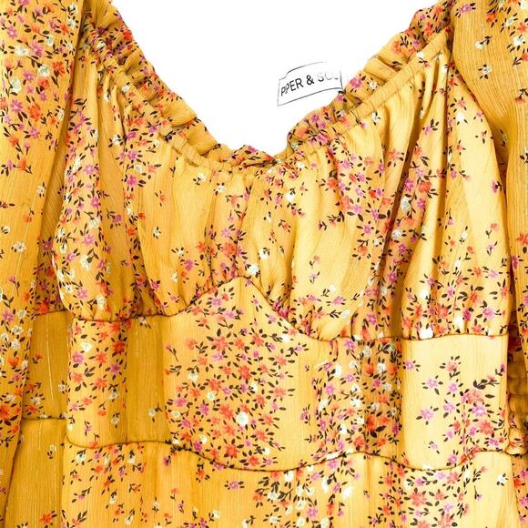 Piper and Scoot Yellow Shimmer Floral Long Sleeve Midi Dress Size Medium - Picture 7 of 12